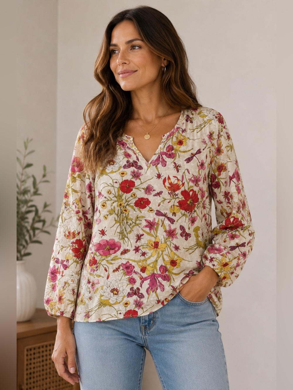 Talbots Cream Floral V-Neck Tunic with Pink and Red Flowers